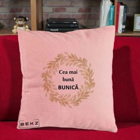 Cadou pentru Bunica - Perna Personalizata Cea Mai Buna Bunica Coronita Frunze Acuarela, 40x40 cm, Roz, Husa Detasabila, Perna Inclusa, BEKZ®