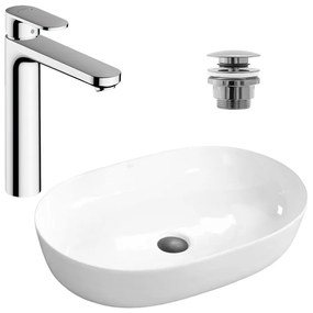 Pachet lavoar pe blat Rea Cleo alb 61 cm, baterie lavoar Hansgrohe Vernis Blend crom si ventil lavoar Click-Clack crom