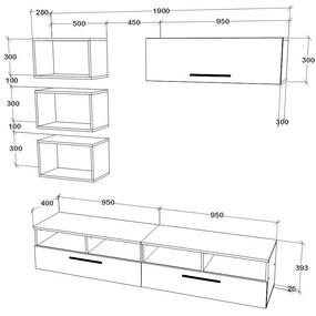 Living haaus V17, Negru/Alb Lucios, MDF, L 190 cm