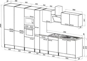 Mobilă de bucătărie Yorki 420, corp alb, față alb satinat, frigider cu congelator jos