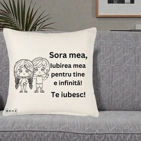 Cadou pentru Sora - Perna Personalizata Sora Mea Te Iubesc Copii Anime Line Art, 40x40 cm, Crem Reliefat, Husa Detasabila, Perna Inclusa, BEKZ®