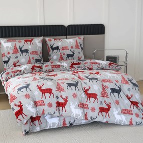 Set Lenjerie cocolino MERRY CHRISTMAS DEER gri + Cearsaf Cocolino microplus cu elastic SOFT 180x200 cm alb, pat dublu