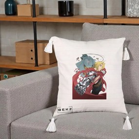 Perna Personalizata Fullmetal Alchemist Brotherhood Edward si Al Poster, 40x40 cm, Bej cu Franjuri, Husa Detasabila, Perna Inclusa, BEKZ®