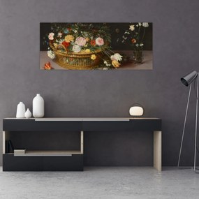 Tablou - Jan Brueghel the Elder, Flowers in a Basket and a Vase, reproducere (120x50 cm)