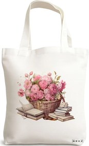 Sacosa de Panza pentru Cumparaturi, Geanta Tote, model Books and flowers 2 38 x 34.5 cm, Alba, BEKZ®