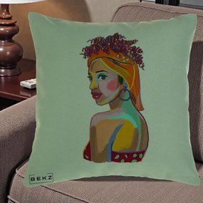 Perna Decorativa Portret Femeie Colorat Pop Art, 40x40 cm, Verde, Husa Detasabila, Perna Inclusa, BEKZ®