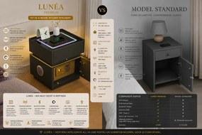 LUNÉA — Noptieră inteligentă cu seif integrat, încărcare wireless, Bluetooth Stereo, iluminare RGB, USB + Type-C și senzor de mișcare, Gri