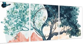 Tablou – Arbore acvarelă plin de viață (cu ceas) (90x30 cm)