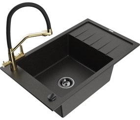 Mexen Elias chiuvetă de granit cu un compartiment, cu picurător și baterie de bucătărie Duo, Neagră/Auriu metalic - 6511-75-6717