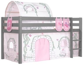 Pat copii supraînălțat Vanessa cu tobogan, husă Castel Birdy, tunel și 3 buzunare textile pentru copii – Vipack [Dimensiuni: 208x98x114 cm]