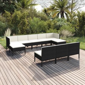 Set mobilier de gradina cu perne, 10 piese, negru, poliratan 2x colt + 6x mijloc + 2x suport pentru picioare, 1