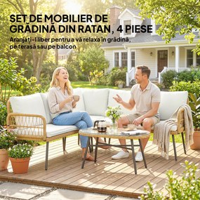 Outsunny Set Mobilier Grădină din Ratan, 4 Piese în Formă de L, cu 2 Canapele, Colțar, Măsuță de Cafea și Perne, Cadru din Oțel, pentru Balcon sau Terasă, Natural/Crem | Aosom Romania