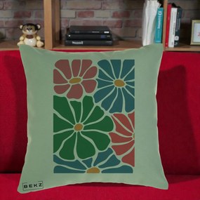Perna Decorativa Flori Grafice Verde-Roz-Albastru, 40x40 cm, Verde, Husa Detasabila, Perna Inclusa, BEKZ®