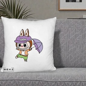 Perna Personalizata Labubu Lucky cu Umbrela, 40x40 cm, Alb Pufos, Husa Detasabila, Perna Inclusa, BEKZ®