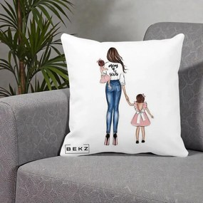 Cadou pentru Mama - Perna Personalizata Mom of Girls Mama cu Fetele, 40x40 cm, Alba Mata, Husa Detasabila, Perna Inclusa, BEKZ®