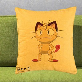 Perna Personalizata Meowth Pokemon, 40x40 cm, Galben, Husa Detasabila, Perna Inclusa, BEKZ®