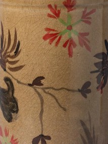 Borcan din ceramică artizanală natur cu capac, motive florale și păsări pictate manual, maro și roșu, 22,5 × 13,5 cm, „Campana"