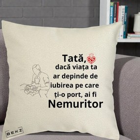 Cadou pentru Tata - Perna Personalizata Tata Nemuritor Lectura, 40x40 cm, Ecru, Husa Detasabila, Perna Inclusa, BEKZ®