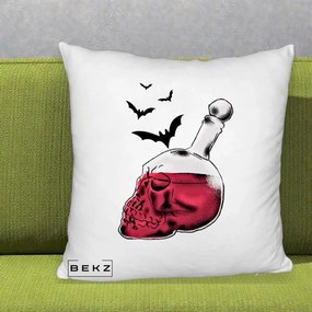 Perna Decorativa Halloween Craniu-Sticla cu Lilieci, 40x40 cm, Alb Pufos, Husa Detasabila, Perna Inclusa, BEKZ®