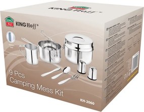 Set de tacamuri si vase pentru camping Kinghoff KH 2060, 9 piese, Otel inoxidabil, Argintiu