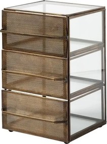 Dulăpior cu sertare din metal și sticlă, auriu, organizator cu 3 sertare cu fronturi perforate, pe picioare-bilă, 28 x 17,5 x 18 cm, „Draw”