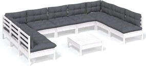vidaXL Set mobilier grădină cu perne, 10 piese, alb, lemn masiv pin