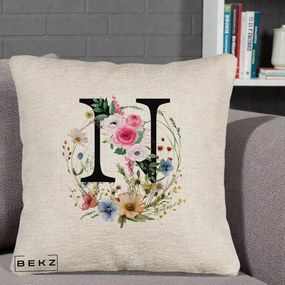 Cadou Personalizat - Perna Personalizata Monogram Litera N cu Flori Acuarela, 40x40 cm, Bej Canapea, Husa Detasabila, Perna Inclusa, BEKZ®