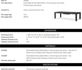 Masa extensibila LUX Gri Carbune Atelier L, 280-350cm