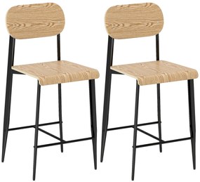 HOMCOM Set de 2 taburete de bar, înalte 65H cm cu spătar, structură din oțel, efect de lemn natural | Aosom Romania