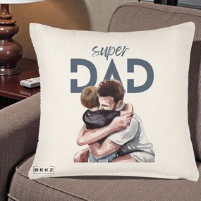 Cadou pentru Tata - Perna Personalizata Super Dad Tata si Fiu Imbratisare, 40x40 cm, Crem Reliefat, Husa Detasabila, Perna Inclusa, BEKZ®