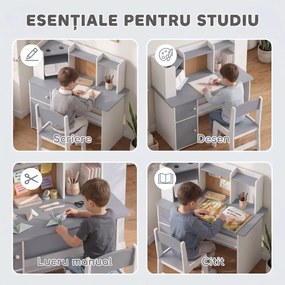 AIYAPLAY Set birou și scaun pentru copii cu suport pentru pixuri, suport reglabil pentru tabletă, dulapuri și tablă din plută, gri | Aosom Romania