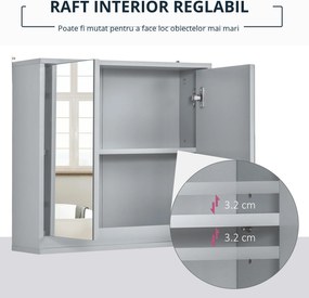 Dulapior de Baie de Perete cu Usa Dubla din Sticla cu Raft Reglabil, Gri,48x14.5x45cm HOMCOM | Aosom Romania