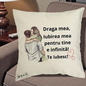 Cadou pentru Iubita - Perna Personalizata Draga Mea Iubirea Mea Infinita Te Iubesc cu Cuplu Acuarela, 40x40 cm, Ecru, Husa Detasabila, Perna Inclusa, BEKZ®