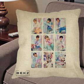 Perna Personalizata K-pop BTS Colaj 9 Fotografii Autografe Individual, 40x40 cm, Crem, Husa Detasabila, Perna Inclusa, BEKZ®