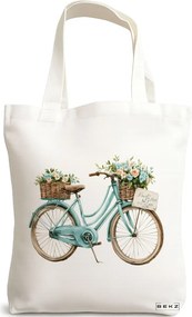 Sacosa de Panza pentru Cumparaturi, Geanta Tote, model The blue bicycle and flowers 38 x 34.5 cm, Alba, BEKZ®