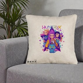 Perna Personalizata K-pop HUNTRX Trio cu Pisica Stele, 40x40 cm, Bej Canapea, Husa Detasabila, Perna Inclusa, BEKZ®