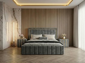 Pat tapitat Atena 160x200 cm, Gri + Saltea Superortopedica Gold, grosime 20 cm + Set 2 noptiere Hugo, Gri