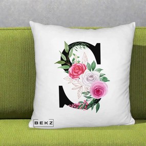Cadou Personalizat - Perna Personalizata Monograma Florala Litera S, 40x40 cm, Alb Pufos, Husa Detasabila, Perna Inclusa, BEKZ®