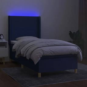 Pat cu arcuri, saltea si LED, albastru, 90x190 cm, textil Albastru, 90 x 190 cm, Design simplu