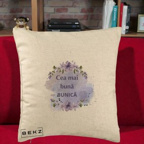Cadou pentru Bunica - Perna Personalizata Cea Mai Buna Bunica Flori Mov Acuarela Negru, 40x40 cm, Bej, Husa Detasabila, Perna Inclusa, BEKZ®