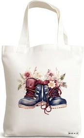 Sacosa de Panza pentru Cumparaturi, Geanta Tote, model Flowers 20 38 x 34.5 cm, Alba, BEKZ®