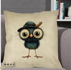 Perna Decorativa Pui Misterios cu Palarie Neagra, 40x40 cm, Crem, Husa Detasabila, Perna Inclusa, BEKZ®