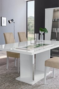 Set lemn masiv masă și scaune Lisa White - 8 scaune, 180 × 104 × 76 cm + 2 extensii