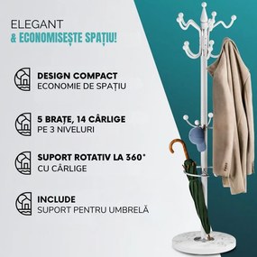 Cuier de podea TENZY cu bază din marmură, 37x173cm, alb Casaria