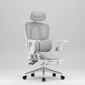 MILANO E06 Executive – Scaun Ergonomic cu Suport Lombar Reglabil în 2 Trepte, Tetieră Reglabilă, Cotiere 3D, Reclinare 135°, Umeraș Integrat, Suport pentru Picioare și Bază Metalică, Mesh, Gri