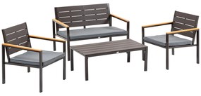 Salon de Gradina Outsunny Set 4 Piese cu 1 Canapea, 2 Fotolii si 1 Masuta, Mobilier de Gradina din Otel si Plastic, Maro