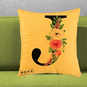 Cadou Personalizat - Perna Personalizata Monograma Florala Litera J, 40x40 cm, Galben, Husa Detasabila, Perna Inclusa, BEKZ®