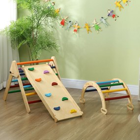 AIYAPLAY Set de Cățărat 5 în 1 cu Triunghi Montessori, Arcadă și Rampă cu Pietre, 178x64,5x63 cm, Multicolor | Aosom Romania