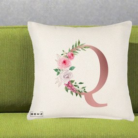 Cadou Personalizat - Perna Personalizata Monograma Rose Gold Litera Q, 40x40 cm, Crem Reliefat, Husa Detasabila, Perna Inclusa, BEKZ®