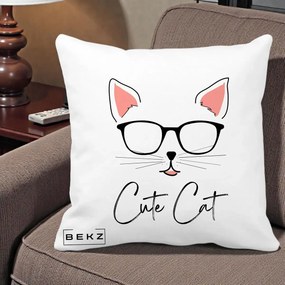 Perna Personalizata Cute Cat cu Ochelari, 40x40 cm, Alba Mata, Husa Detasabila, Perna Inclusa, BEKZ®